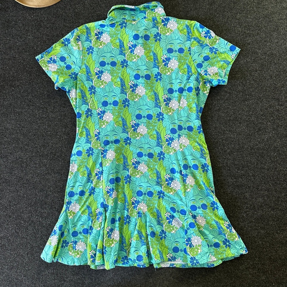 IBKUL Women Golf Dress XL Blue Green Sun Face Psychedelic UPF 50+ Zip Pocket - Picture 2 of 7